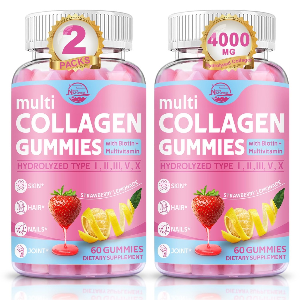 Nature's live Multi Collagen Peptides Gummies, Type I, II, III, V, X - Hydrolyzed Collagen Peptides with Biotin, Hyaluronic Acid, Supports Healthy Skin, Strong Nails & Thick Hair, 60 Count, 2 Pack