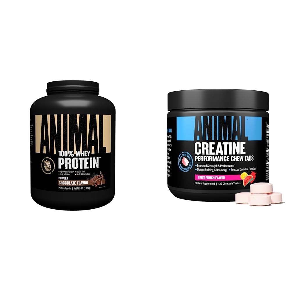 Animal Whey Protein Powder and Creatine Chews Tablets Bundle - Chocolate Flavored 4 lb Protein and Fruit Punch Flavored Creatine for Pre/Post Workout