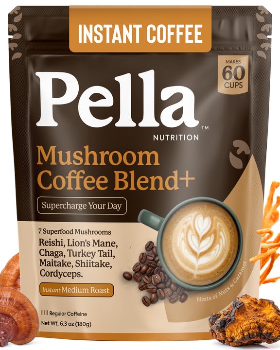 Pella Nutrition Mushroom Coffee – Lions Mane, Reishi, Chaga, Cordyceps, Shiitake, Maitake, and Turkey Tail Mushroom Supplement – Superfood Instant Coffee for Focus & Energy (Regular Caffeine, 60 Cups)
