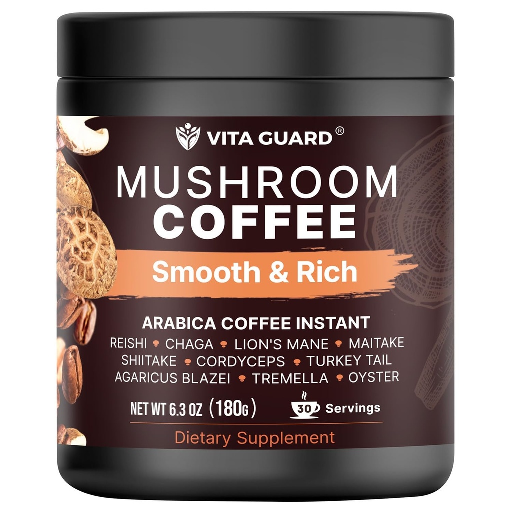 Vita Guard Mushroom Coffee – Lion's Mane, Cordyceps & Reishi 10-Mushroom Instant Blend – Arabica with Coconut Powder – Third-Party Lab Tested, Cafe de Hongos Rich & Smooth Coffee 30 Servings