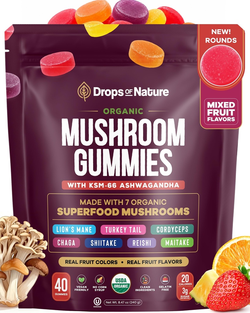 Drops Of Nature Lions Mane & Ashwagandha Gummies – 8-in-1 Mushroom Superfood Blend with Cordyceps Turkey Tail Reishi Chaga Shiitake Maitake – Vegan, Organic, Low Carb (Mixed Fruit, 40 Round Gummies)