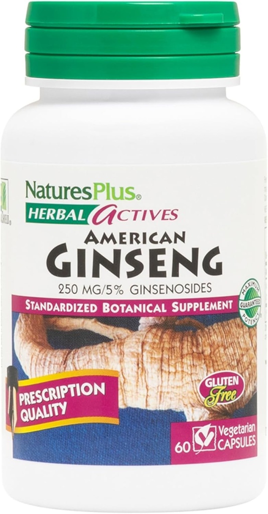 Natures Plus bylinné aktívne americká ženšen - 250 mg, 5% Ginsenosides - 60 Vegánskych kapsúl - bez lepku - 60 porcií