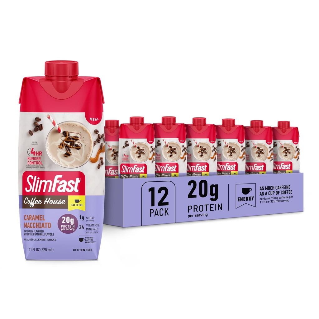 SlimFast Protein Shake s kofeínom, Caramel Macchiato- 20g Protein, Strava Replacement Shakes, High Protein with Low Carb and Low Cukor, 24 Vitamíny a minerály, 12 Počet (Pack of 1)