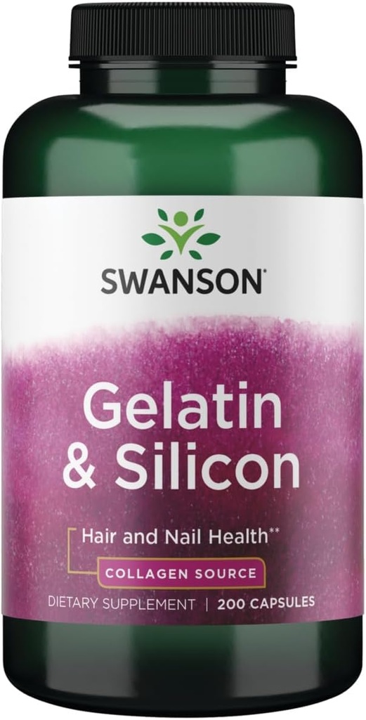 Swanson Želatína a Silicon - Kolagén Proteíny Podpora zdravé vlasy a nechty - Pomáha dodávať Vital Minerály pre silné nechty a hrubé vlasy - 20mg Silicon a 1,08 Grams Želatína - (200 Kapsule)