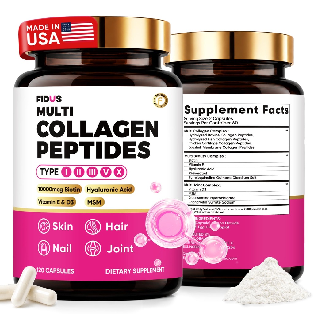 Fidus Multi Collagen Peptides Capsules - Type I, II, III, V & X Hydrolyzed Collagen for Women with Biotin 10000mcg, Hyaluronic Acid & MSM | Skin Hair Nails | 120 Capsules