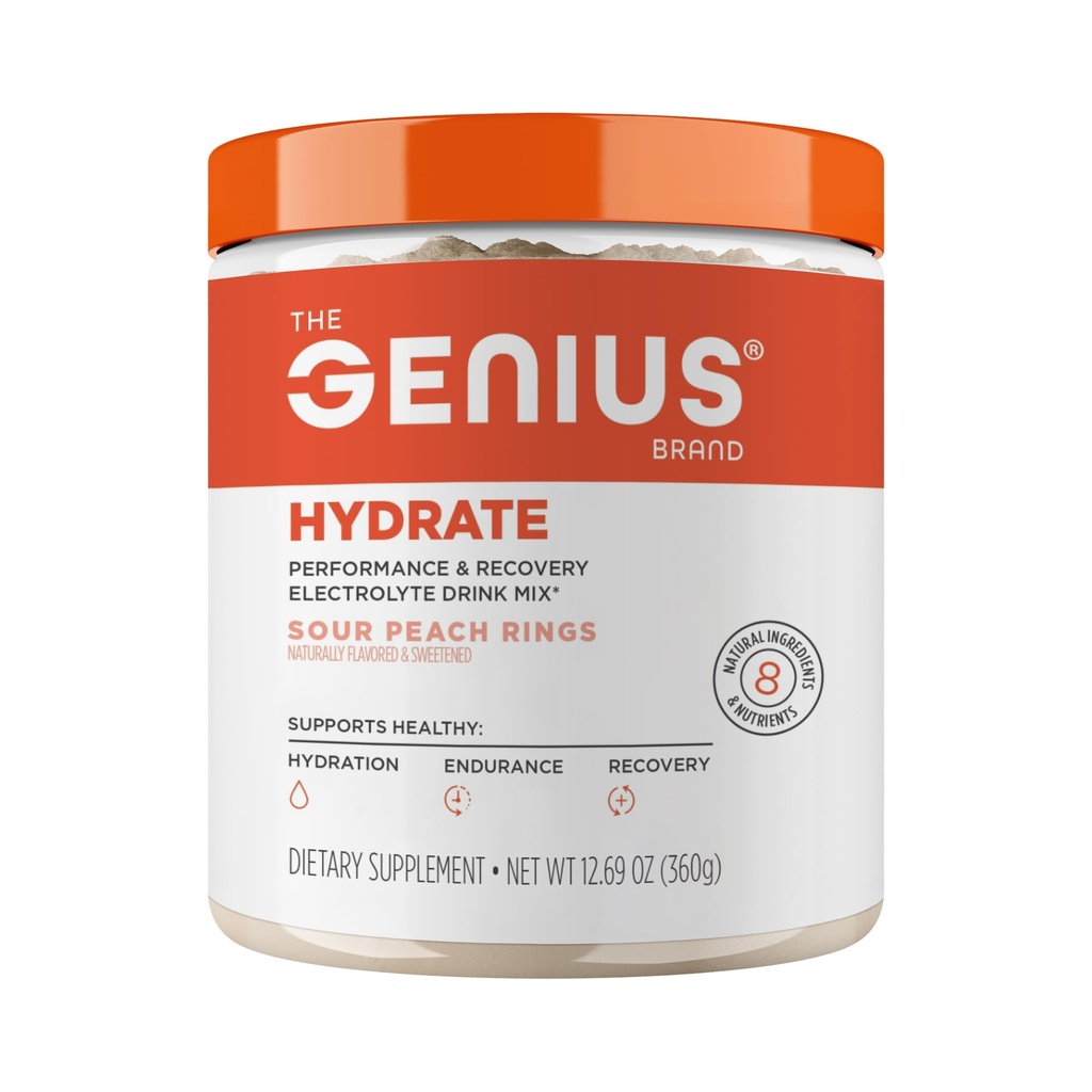 Genius značky Genius Hydratovaný - Elektrolyt doplnok pre každodennú hydratáciu - Kokosová voda - bez cukru - 8 Essential Minerals & Nutrients - Non-GMO - Sour Peach Rings - 50 Servings