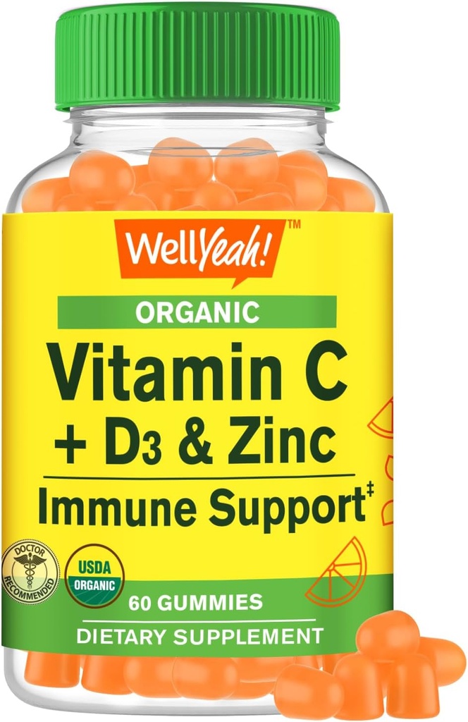 NoYeah Organic Vitamin C + D3 + Zinok Gummy - Immune Boosting, Antioxidant-Rich, a Bone Health Supporting, USDA Organic, Vegan, a Non-GMO - Gluten-free, Nut-Free Gummy - 60 Počet