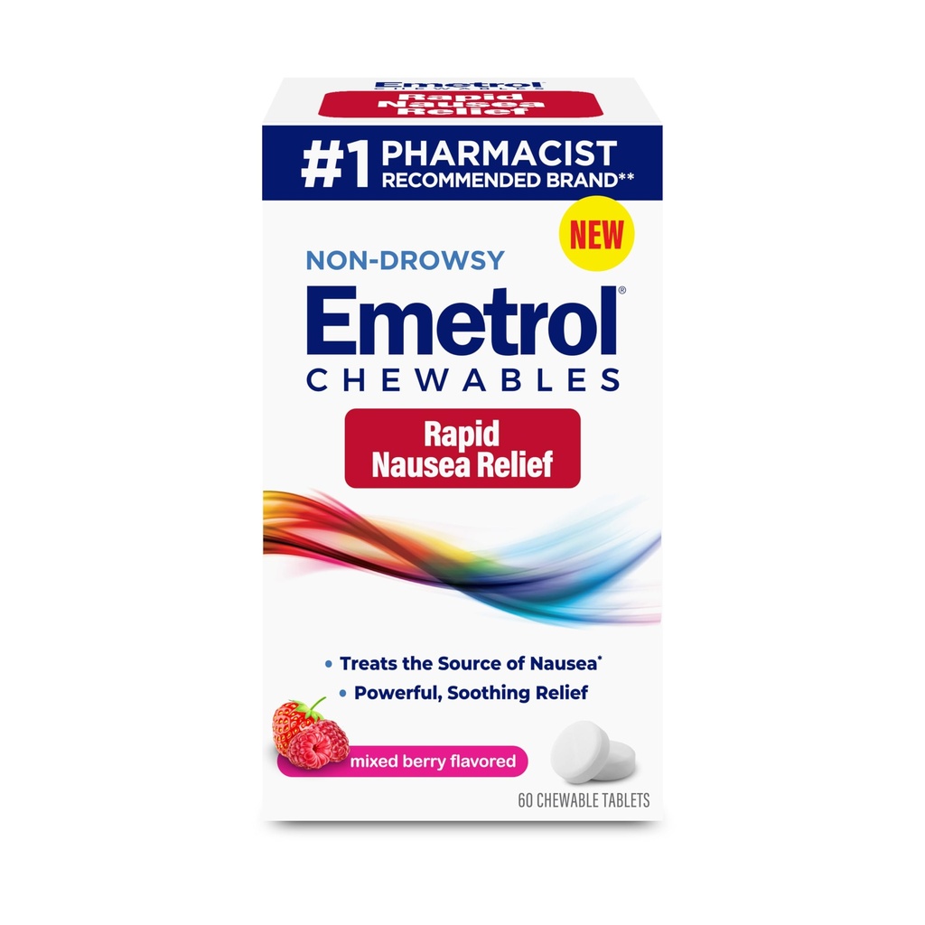 Emetrol Non-Drowsy Nauzea Relief - Chewable Medicine for Upset Žalúdok - Lekár Doporučené Nauzea Relief - Mixed Berry Flavor, 60 Tablety