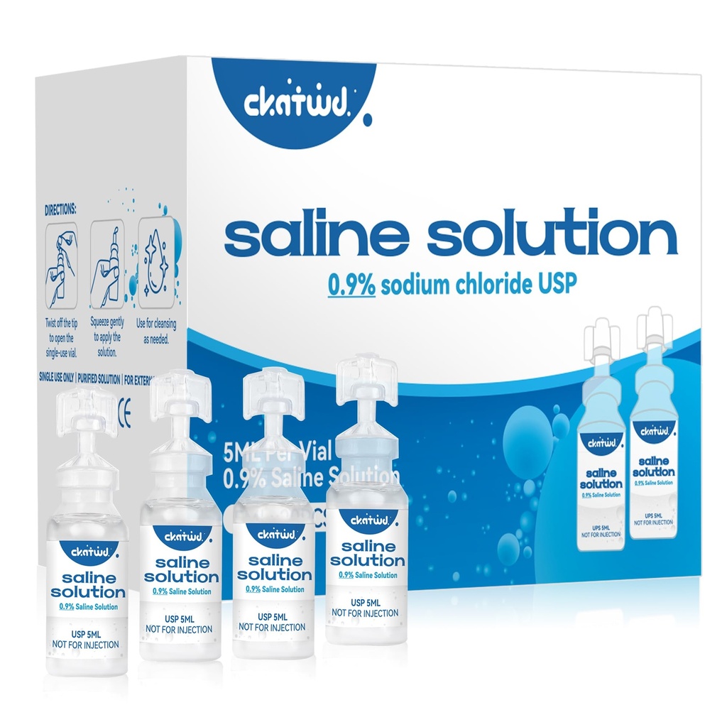 0.9% Saline Solution, Normal Saline Solution for All Ages, Sodium Chloride 0.9% for Nose, Saline Ampoules - 20 Vials 5ml Unit Dose