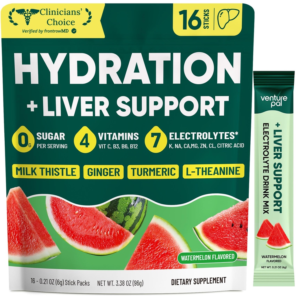 Venture Pal Hydration Packets + Liver Support- Liquid Daily IV Electrolyte Powder Packets with 7 Electrolytes & 5 Vitamins, Milk Thistle + L-Theanine | Sugar-Free | Keto Friendly | Vegan, 16 Sticks