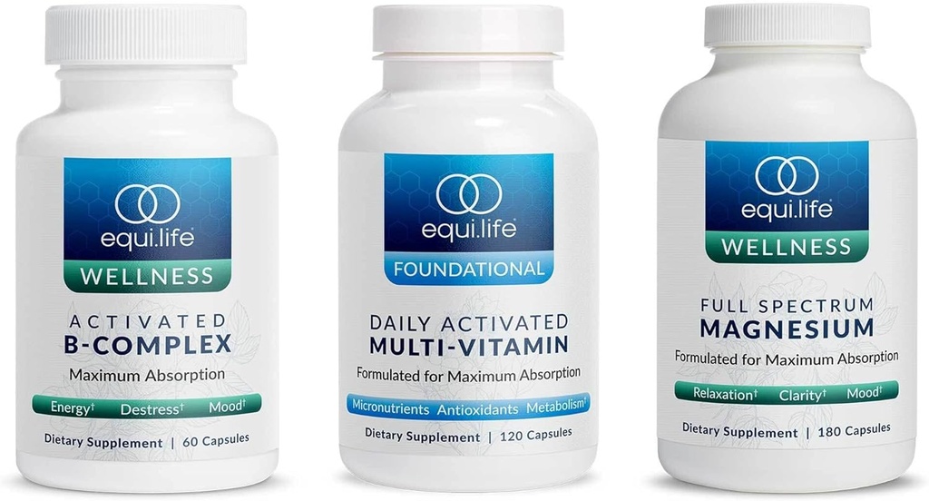 Equilife - Activated B Complex (60 ct.), Full Spectrum Magnézium (180 ct.), Daily Activated Multi-vitamín (30 Servings)