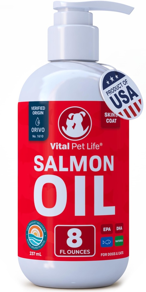 Salmon Oil for Dogs & Cats - Healthy Skin & Coat, Fish Oil, Omega 3 EPA DHA, Liquid Food Supplement for Pets, All Natural, Supports Joint & Bone Health, Natural Allergy & Inflammation Defense, 8 oz | Soft Shiny Glossy Coat, EPA DHA, Immune System & Heart Function Support, Normal Shedding, Supplement for Pets