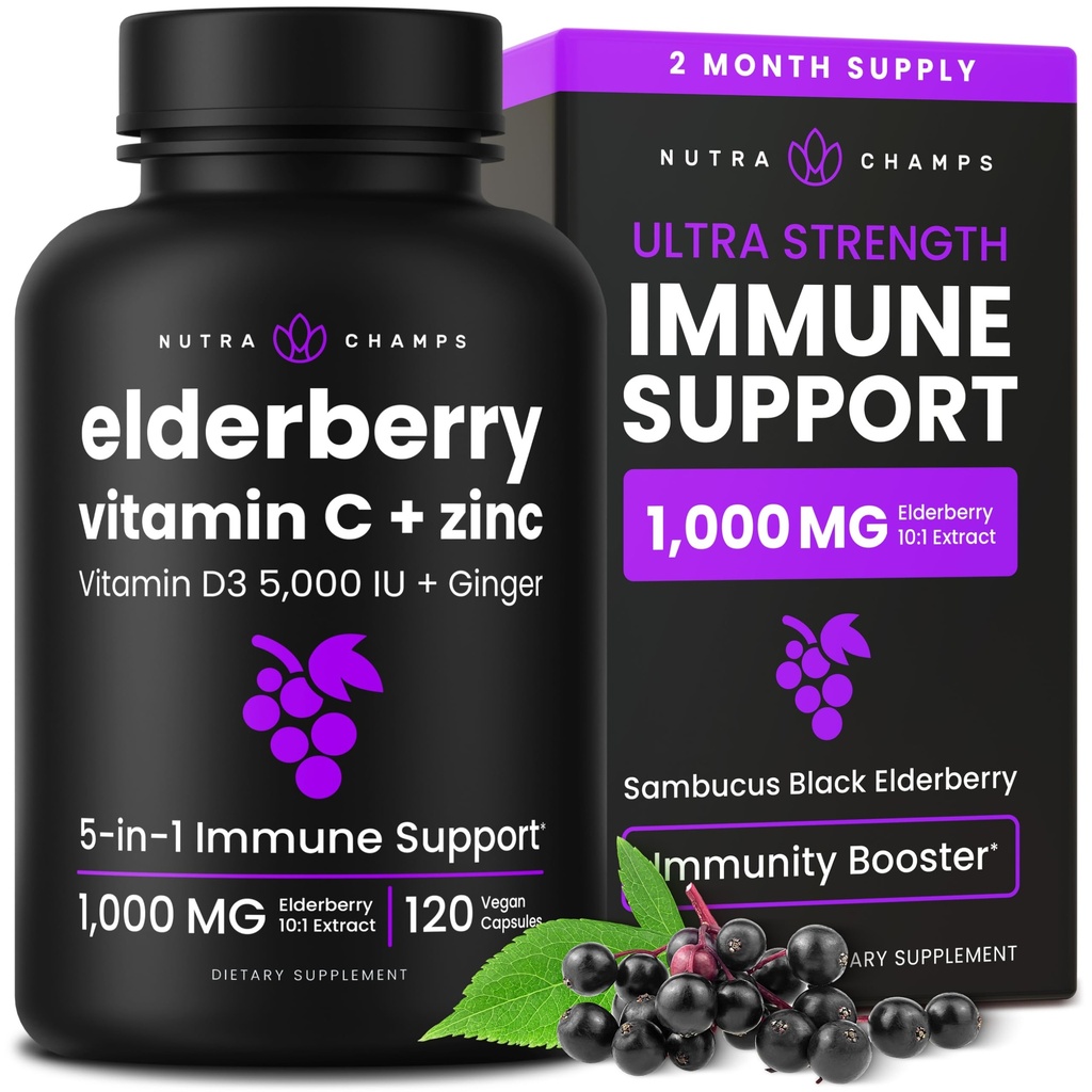 NutraChamps Elderberry s vitamínom C a zinkom - 5 in 1 Imunity Supplement, 10 000 mg Sambucus Black Elderberry Kapsule s vitamínom D3 5000 IU, Sambucus Elderberry Extract Immune Podpora pre dospelých