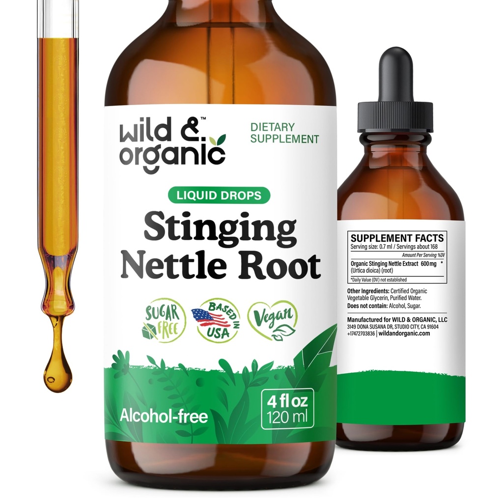 Wild & Organic Stinging Nettle Tinture - Stinging Nettle Root Extract kvapky pre mužov a ženy - Liquid Utica Dioica Supplement - Vegan, cukor a alkohol-free - 4 fl oz