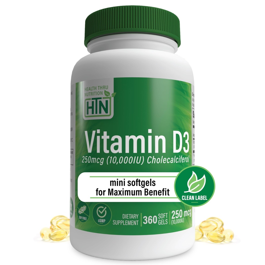 Zdravie Thru Nutrition Vitamin D3 10 000iu 360 Mini Softgels pre maximálny benefit rok Zásobovanie 250mcg Cholekalciferol  Stupeň v organickej EVOO