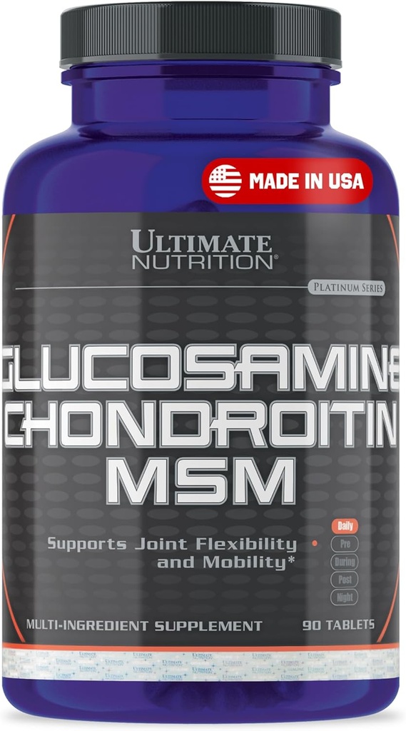 Ultimate Nutrition Glucosamine, Chondroitín & MSM Supplement for Joint Flexibility & Mobility - Supports Joint Health, Cartilage, Connective Thiss & Bone Strength - Relief for Men & Women - 90 Tablet