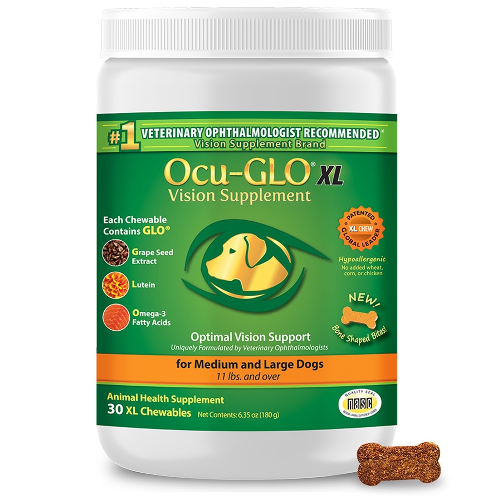 Ocu-GLO Cat & Pes pre podporu očí - Žuvacia vízia doplnok pre veľké a malé domáce zvieratá starostlivosť o luteín, Omega-3 mastné kyseliny, extrakt z hroznových semien a antioxidanty 30 XL žuvačky