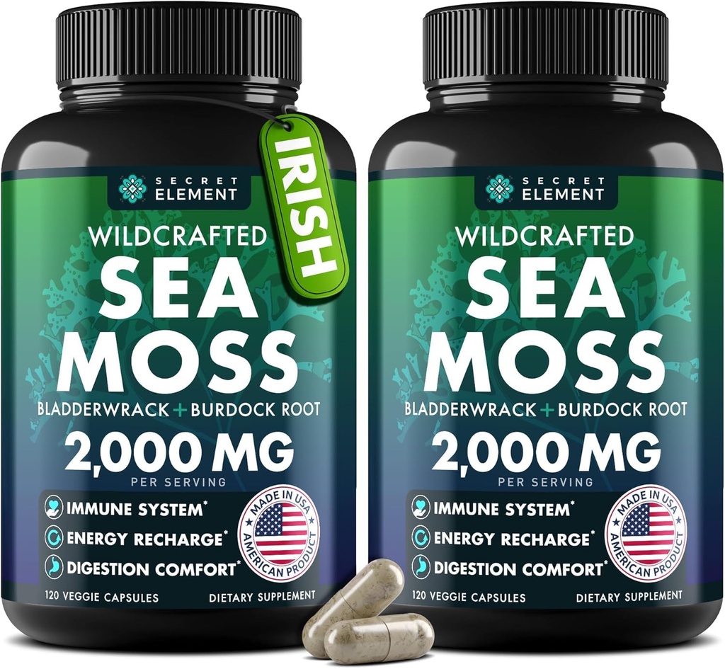 Sea Moss Kapsule - Írske more Moss Pokročilé s Burdock Root, Bladderwrack & Muira Puama pre Imunita, Gut, & Energy - Superfood Sea Moss Supplements w/Raw Sea Moss Powder (2 balenia)