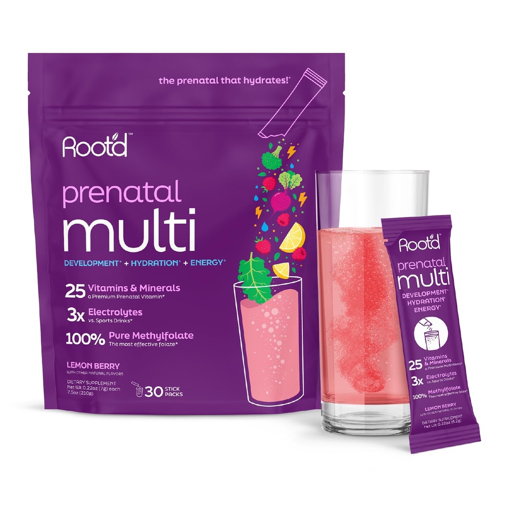 Root'd prenatálny multivitamínový prášok - 25 vitamínov a minerálov s 3x elektrolytmi, folátom, železom, D3 pre mamu a dieťa, 7 Superfoodov a probiotík, vitamínov a hydratácie bez cukru 30 vitamínových nápojov