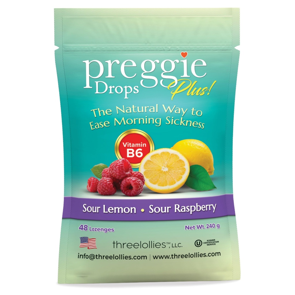 Preggie pop kvapky Plus obohatený s vitamínom B6 - ranná úľava proti chorobám obohatený s vitamínom B6. Preggie pops pre úľavu pre tehotné ženy Candy kvapky. Kyslé malinové a kyslé citrón 48 Počet