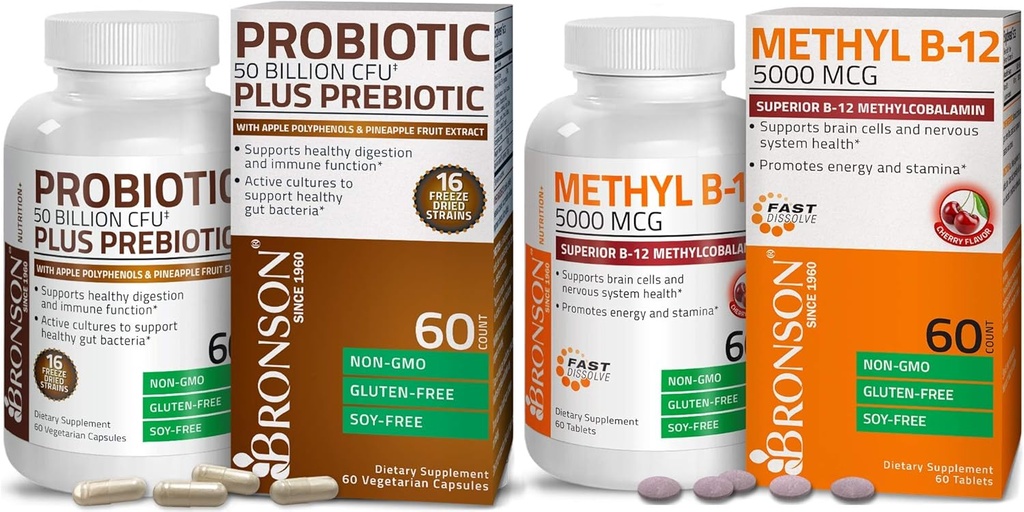 Bronson Probiotic 50 miliárd CFU + Prebiotikum s Apple Polyfenolmi a ananásom Fruit Extract + Metyl B12 5000 μg Vitamín B12 Metylkobalamín