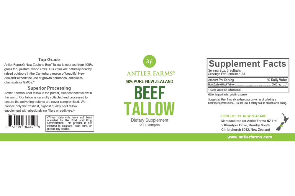 Antler Farms 100% Pure New Zealand Beef Tallow - Grass Fed, Pasture Rased, Top Grade, očistené a filtrované, Prírodné hovädzie Tallow - 200 Softgels, 500mg