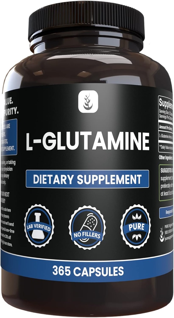 ČISTÉ ORIGINÁLOVÉ SUROVINY L-Glutamine (365 kapsúl) Bez horčíka alebo ryžových výplne, vždy čisté, Lab Overené