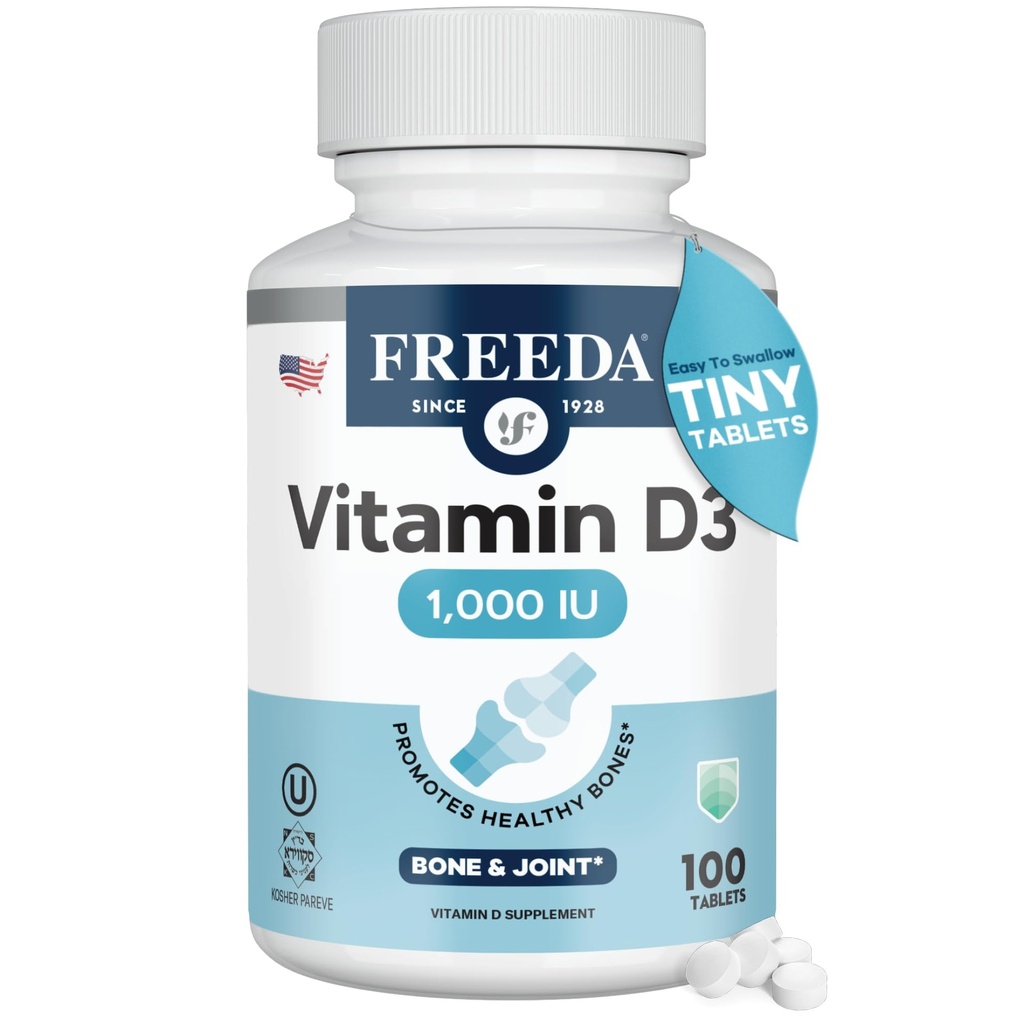 FREEDA Vitamín D3-1000 IU - Čistá vysoká potencia Kosher doplnok tablety - Kosti a svalového zdravia, vstrebávanie vápnika, Imunitná podpora pre mužov a ženy* - 100 Počet