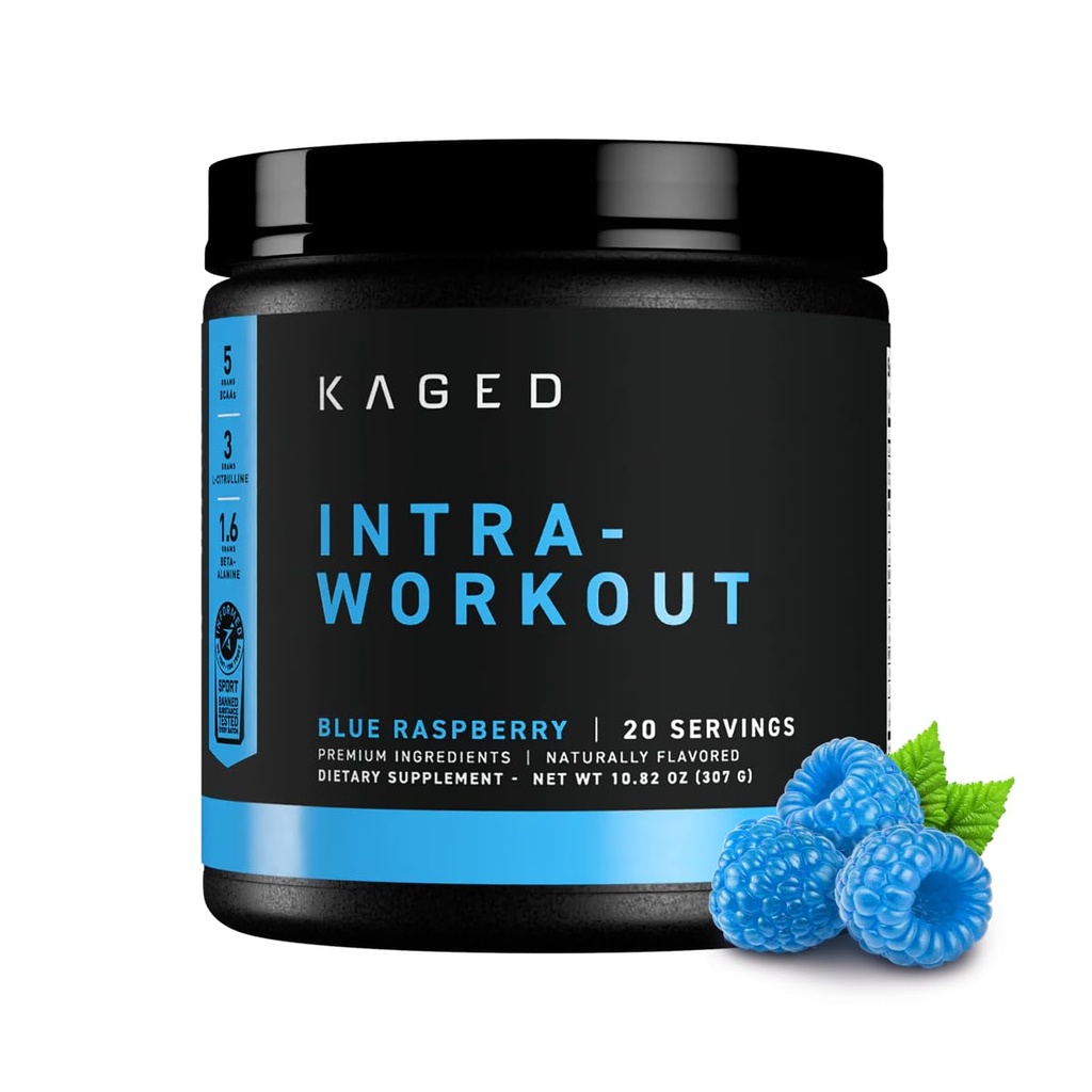 Kaged Intra-Workout Powder In-Kaged BCAA, L-Citrulline & Beta-Alanine for Endurance 124mg Organic PurCaf Caffeine Coconut Water Powder 20 Servings Blue Malina