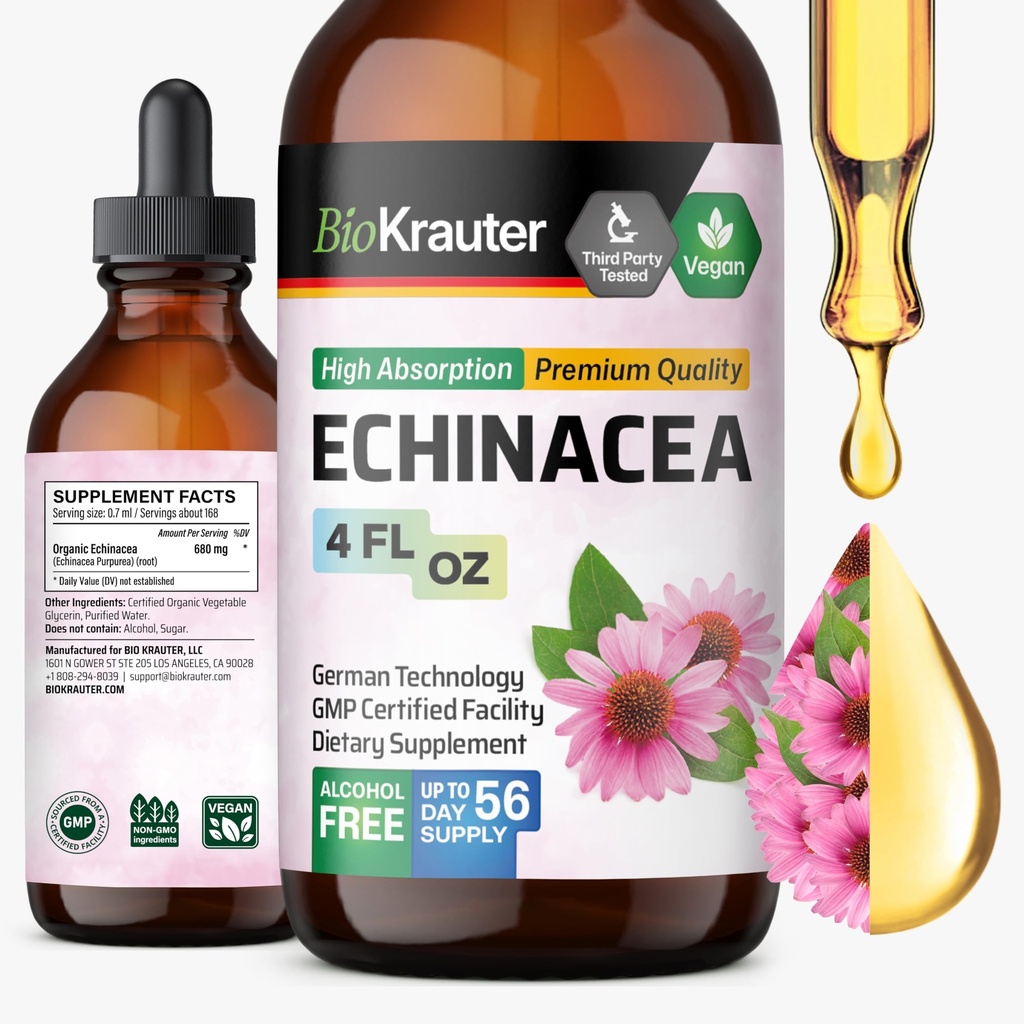BIO KRAUTER Echinacea kvapky - Prírodná imúnna podpora - Echinacea Tincurt Supplement - Vegan, Alkohol a cukor bez kvapky - 4 Fl.Oz.