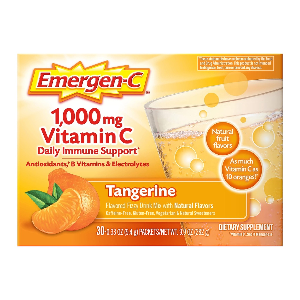 Emergen- C 1000 mg Vitamín C Imunitná podpora Prášok Tangerine 30CT zahŕňa zinok, mangán, 7 B Vitamíny a elektrolyty pre Späť do školy Essentials