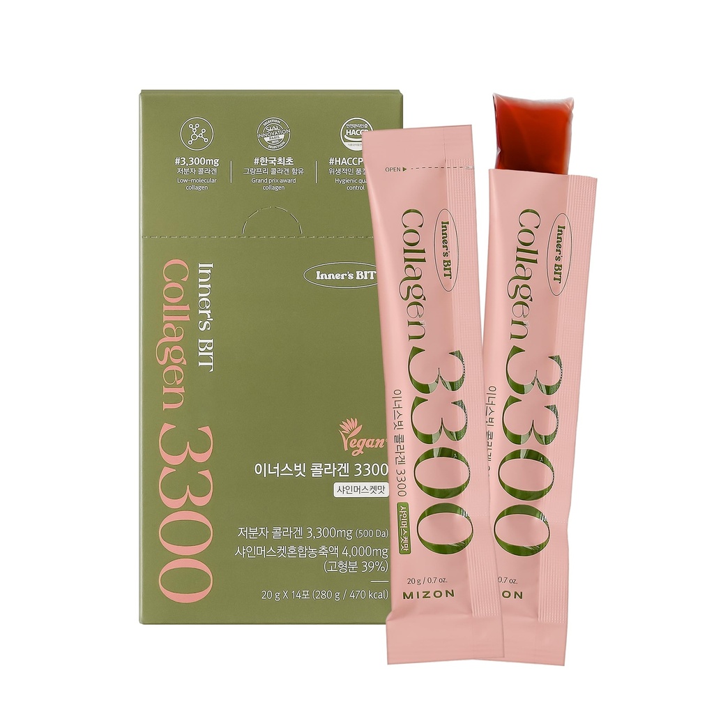 MIZON INNERSBIT Collagen Jelly 3300(14 Sticks) Vegan Korean Jelly Stick Snack with Vitamin C, Hyaluronic Acid Biotin & Glutathion for Skin Halal Certified