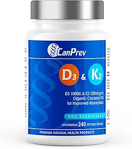 CanPrev D3 & K2 Vitamins 240 Softgels, 240-Day Supply, 1000IU Vitamin D3 & 120mcg K2, Supports Strong Bones, Teeth & Heart Wellness, Easy-to-Absorb with Organic Coconut Oil, No GMO, Gluten, Soy, Dairy