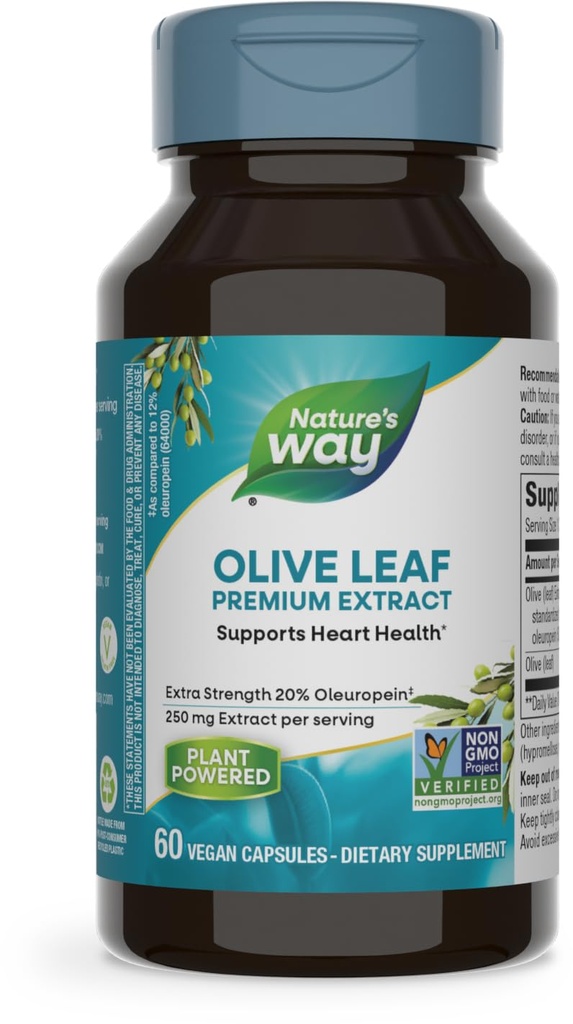 Nature's Way Olive Leaf, Premium Extract, podporuje zdravie srdca*, 20% Oleuropein, 250 mg per porcie, Non-GMO Project Overené, 60 Vegan Kapsule (Backaging May Vary)