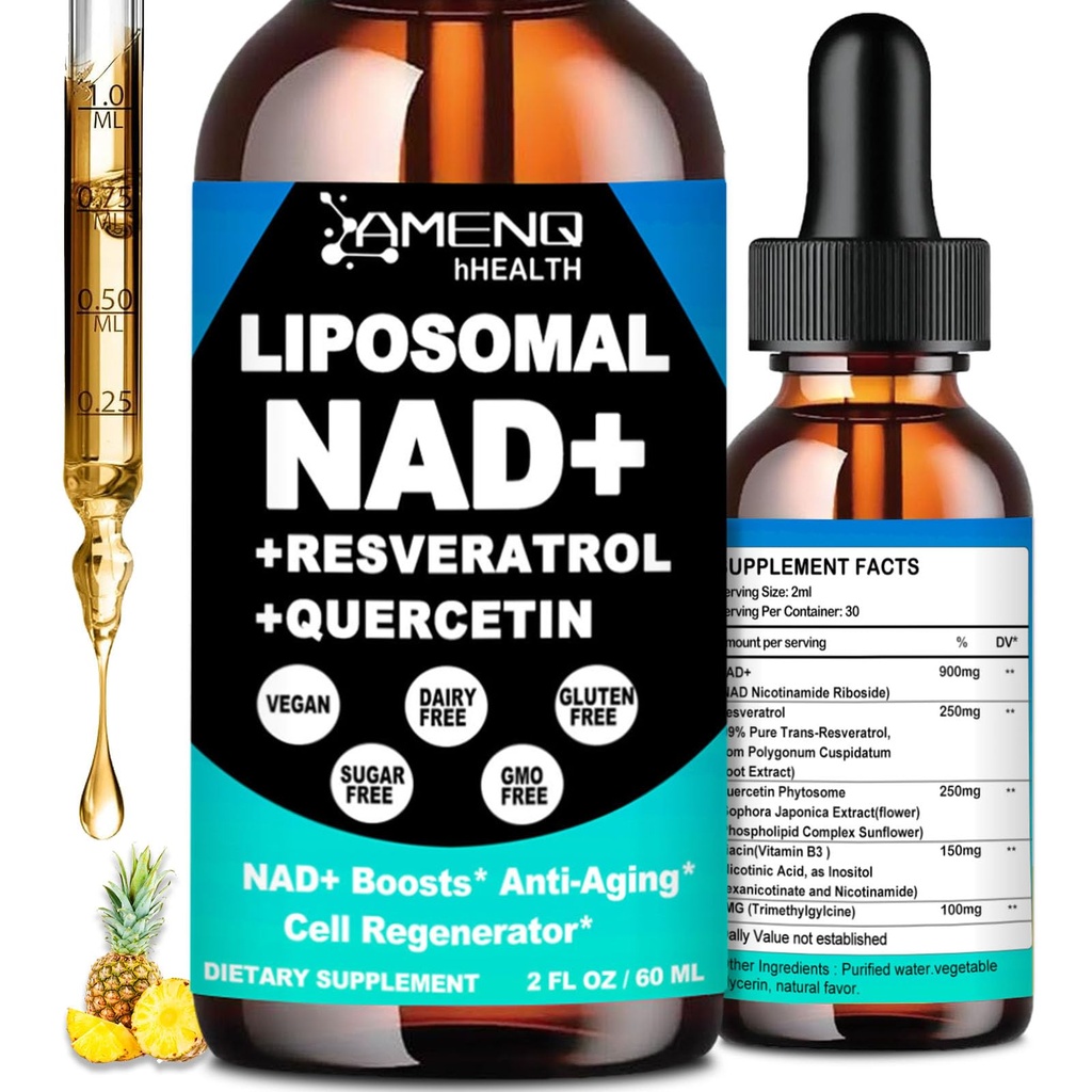 NAD Supplement, Lipozomal NAD Nikotínamid Riboside Resveratrol 900mg Quercetion, TMG, vitamín B3, vysoká potencia NAD Plus Liquid Supplement for Cell Regeneration, Longevity, Energy, Anti-Aging, Focus