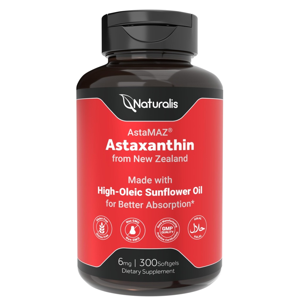 Naturalis New Zealand Astaxanthin | High Potency with High-Oleic Sunflower Oil | Non-GMO, Soy & Gluten Free | 300 Softgels (10-Month Supply)