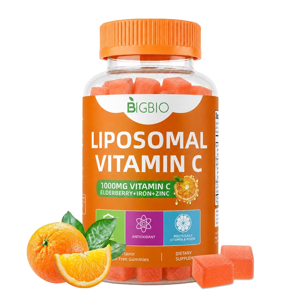 Liposomal Vitamin C Gummies 1000mg, Sugar-Free Chewable Vitamin C with Elderberry, Zinc & Iron, Daily Immune Support, Antioxidant & Energy Boost, Collagen Support, 90 Count