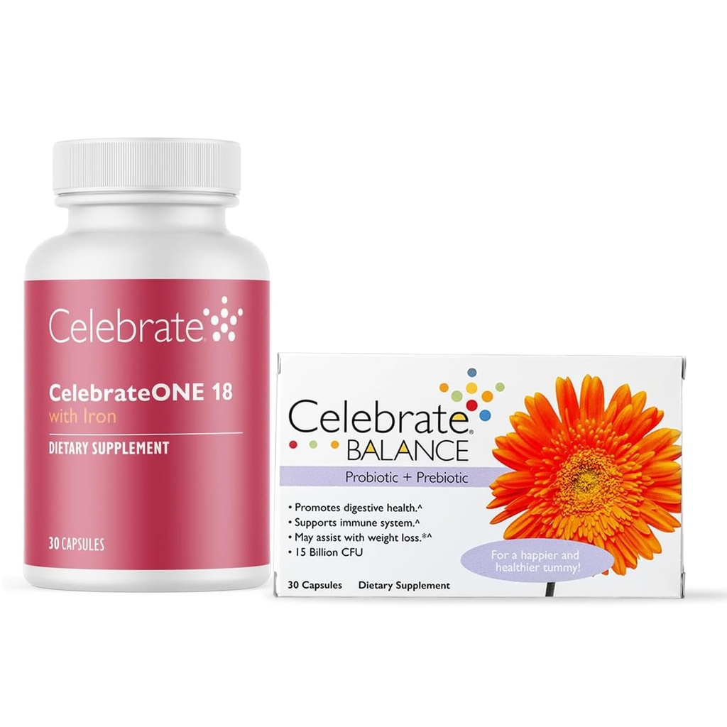 Celebrate Vitamins CelebrateONE 18 Multivitamin with Iron and Balance Probiotic + Prebiotic Capsules Bundle – Bariatric Vitamins for Post-Gastric Bypass & Sleeve Gastrectomy – Essential Digestive & Nu