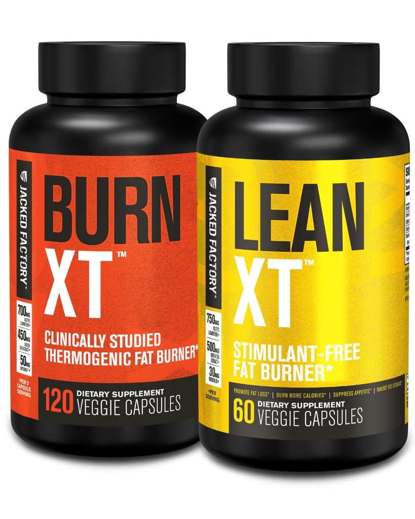 Jacked Factory Burn-XT Klinicky študoval spaľovač tukov a chudnutie doplnok - chuť k jedlu Potlačovač & Energy Booster (120 Kapsule) a Lean-XT kofeín bez tuku horák (60 Kapsule)