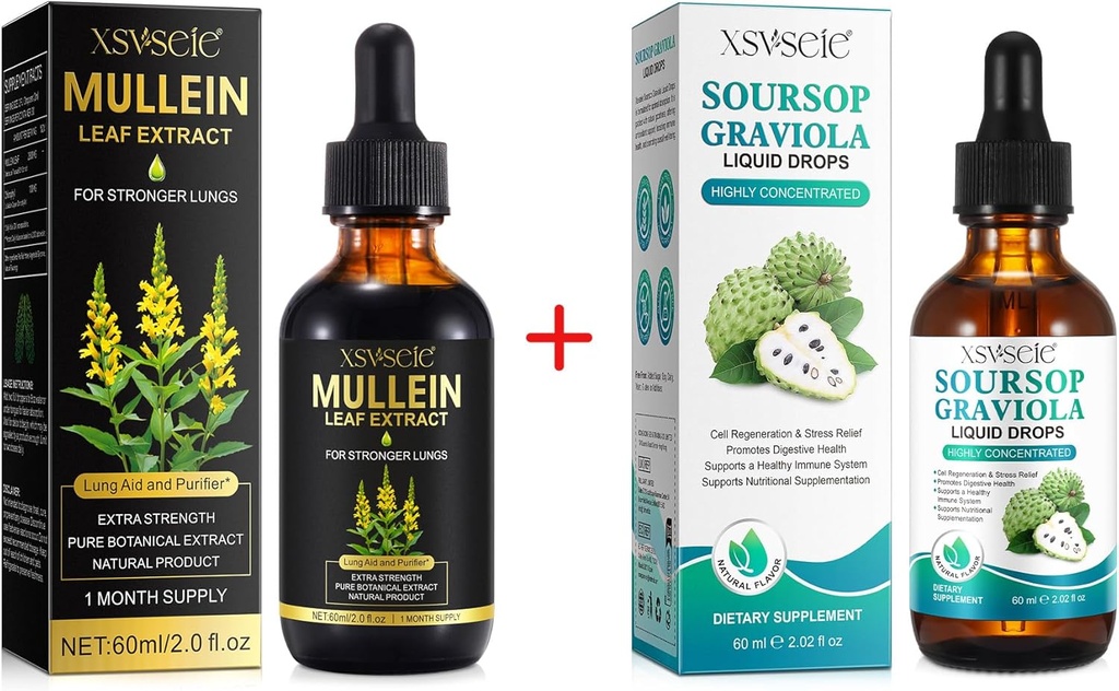 Mullein kvapky pre Pľúca Čistí a Soursop Bitters Liquid,Mullein Leaf extrakt Tinktúra s chlorofylom,Soursop Multivitamínové kvapky,Prírodný bylinný doplnok pre mužov a ženy