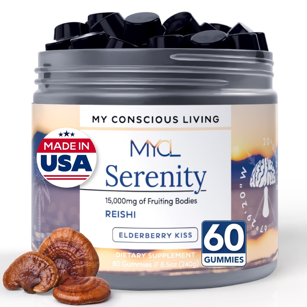 Serenity Reishi Mushroom Gummies for Adults - 500mg Whole Fruiting Body Extract - Sleep Gummies for Adults and Kids - Vegan, Gluten-Free - Stress Relief, Relaxation - Elderberry Kiss, 60 Count
