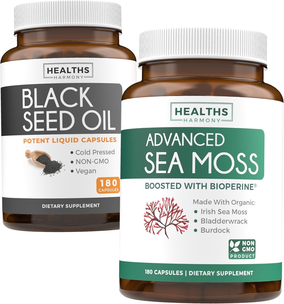 Black Seed Oil & Irish Sea Moss (3-Month Supply) - Power Duo Bundle of Black Seed Oil (180 Kapsule) Cold-Pressed Nigella Sativa & Irish Sea Moss (180 Kapsule) s Bioperine a Bladderwrack
