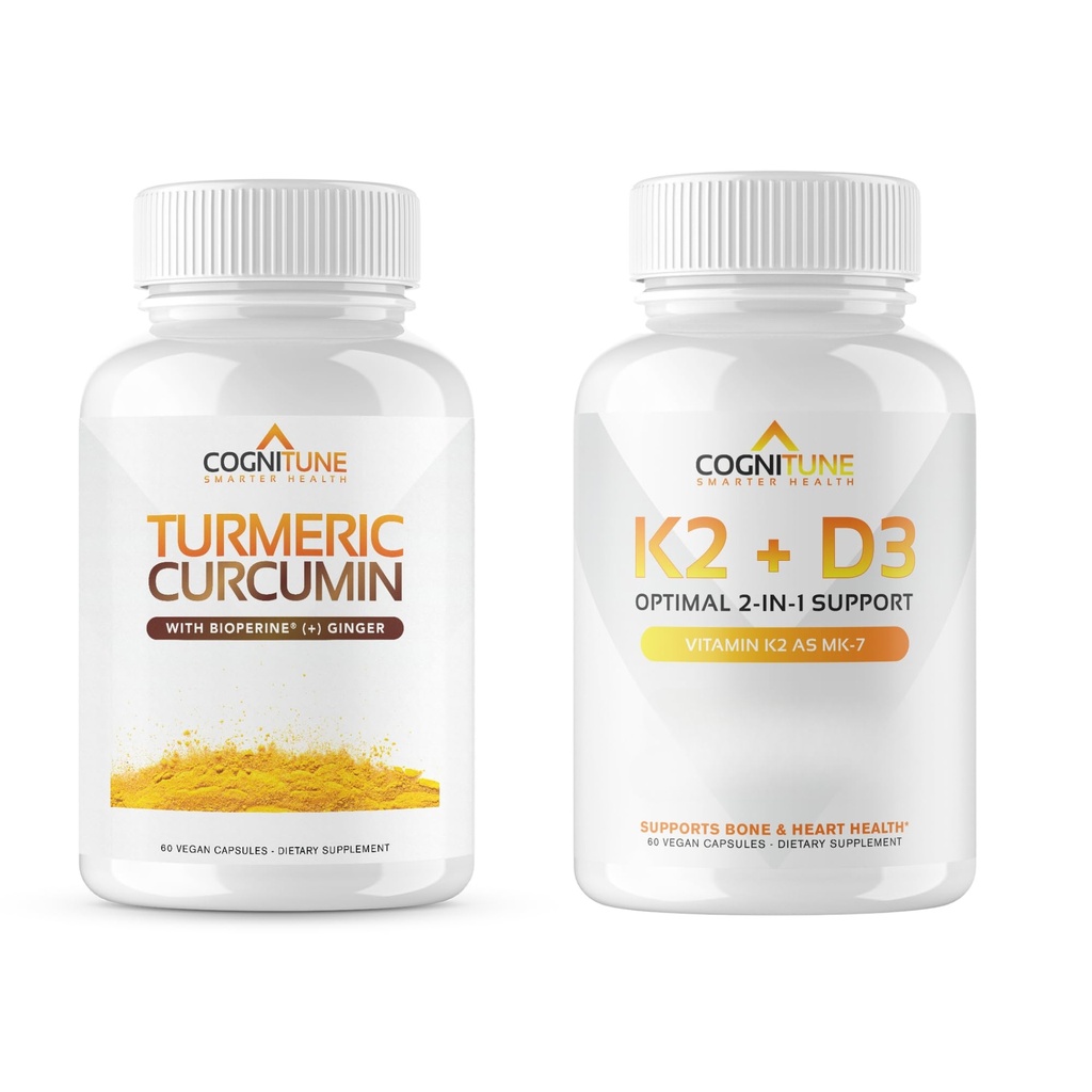 CogniTune Immune & Cardiovaskulárna podpora Bundle - vitamín D3 5000IU + vitamín K2 s kurkumín a zázvor