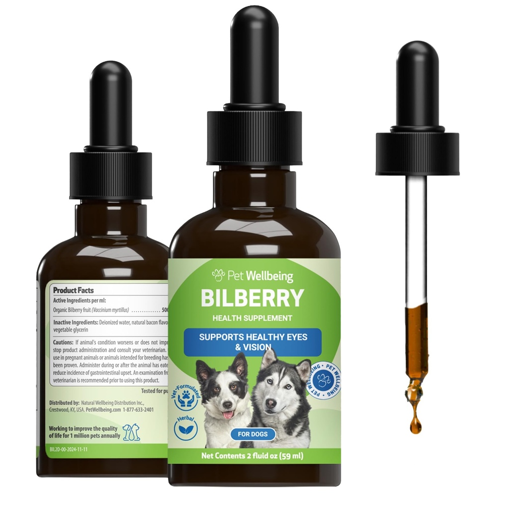Pet Wellbeing Bilberry for Dogs - Eye & Vision Support with Antioxidants, Capillary Health, Retinal Support - NASC Certified & Vet-Formulated - 2 oz Liquid