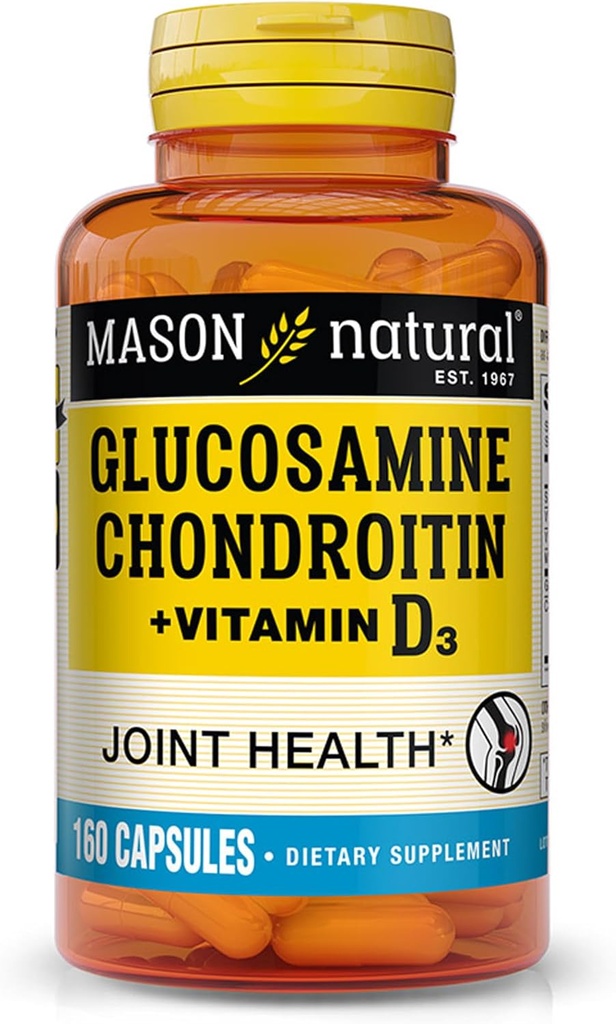 MASON NATURAL Glukozamín Chondroitin Plus vitamín D3 - podporuje zdravie kĺbov a kostí, zlepšenie mobility a flexibility, 160 kapsúl