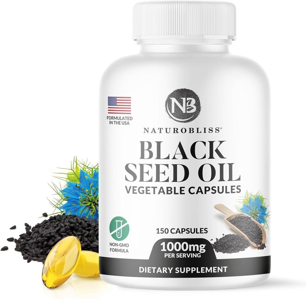 NaturoBliss Black Seed Oil - 150 Softgel kapsuly Zdravie pokožky (Non-GMO & Vegan) Premium Cold-Premium Nigella Sativa Producing Pure Black Cumin Seed Oil - 1000mg per 2 Capsule Serving - 75 Servings