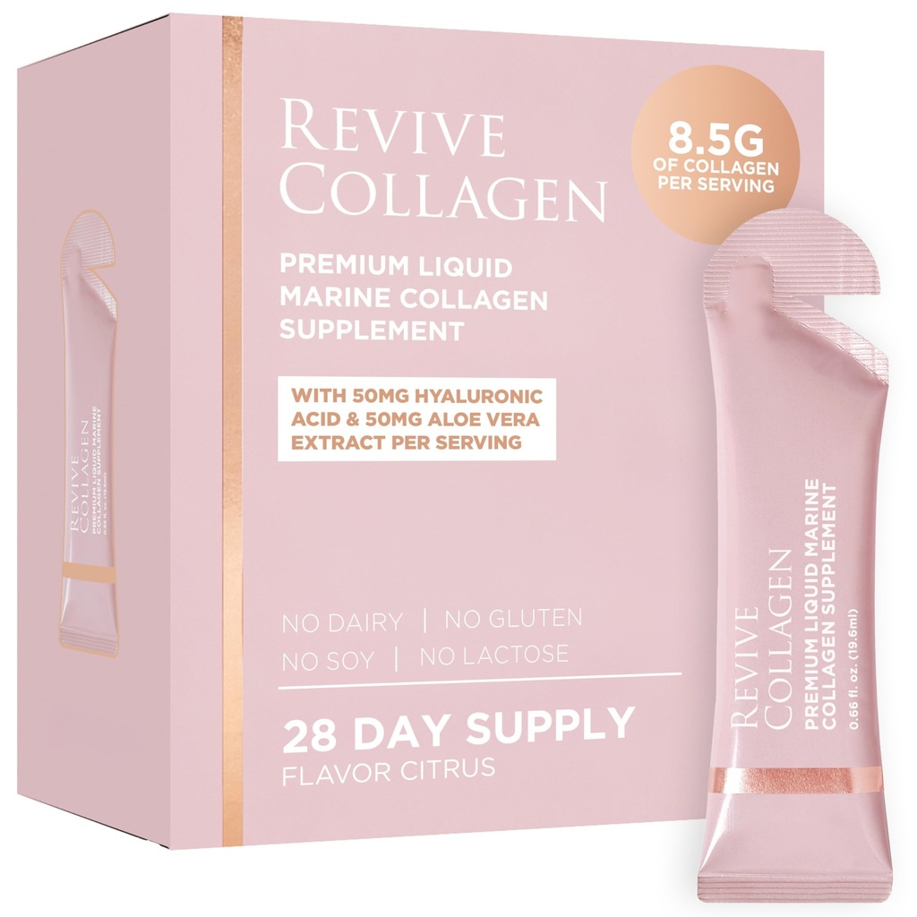 Revive Collagen Premium - Hydrolyzed Marine Collagen Drink for Women, with Hyaluronic Acid, Aloe Vera Juice, Supports Skin Wellness & Hydration, Hair & Skin, Lemon & Lime Flavour - 28 Packets
