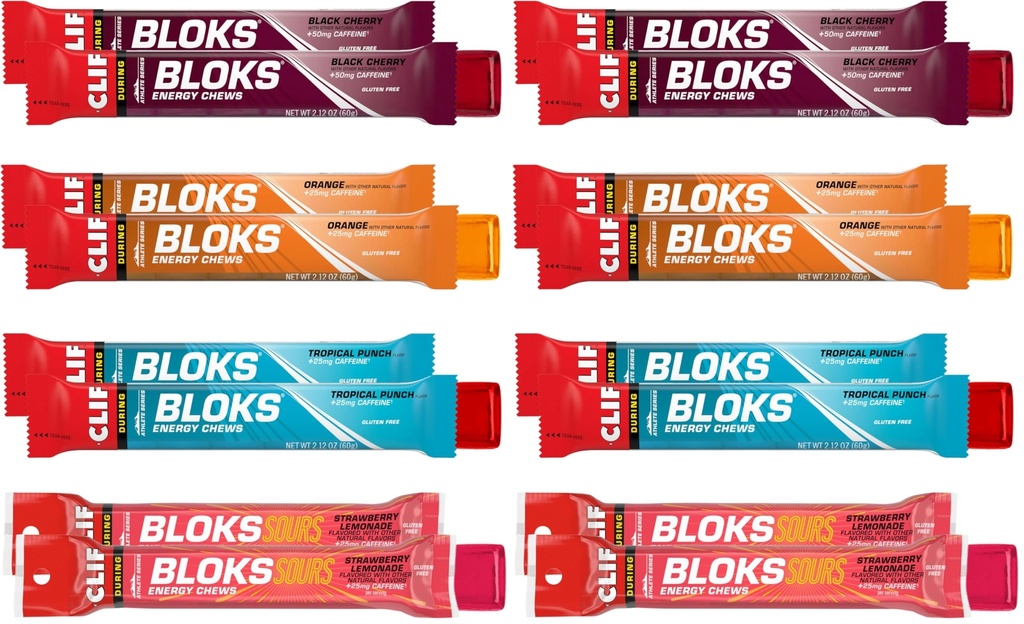 Clif Bloks - Energy Chews with Caffeine - Variety Pack - Non-GMO - Plant Based - Fast Fuel for Cycling and Running - Quick Carbohydrates and Electrolytes - 2.12 oz. Packets,(Pack of 16)