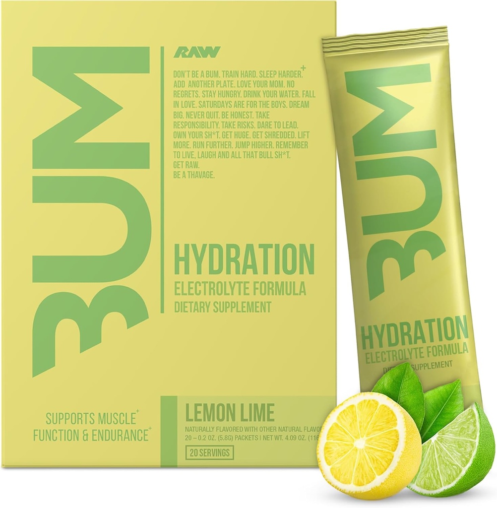 RAW Elektrolyty Prášok Hydratačný nápoj Mix pakety, Bum Hydrate (Lemon Lime, 20 Servírovanie) - Elektrolytové hydratačné pakety podporuje funkciu svalov a vytrvalosť - Keto Free Electrolytes Powder Pakets