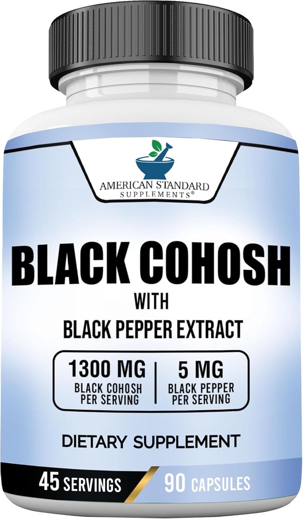 American Standard Supplements Black Cohosh 1300mg Per Serving with Black Pepper Fruit Extract - Vegan, Gluten Free, Non-GMO, 90 Capsules, 45 Servings